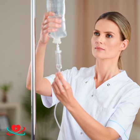 Медсестра поправляет капельницу